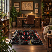 Red Track Car Tech Grid Area Rug styled in a home office