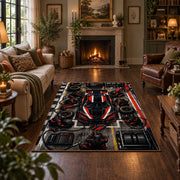 Red Track Car Tech Grid Area Rug styled in a living room