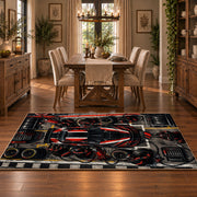 Red Track Car Tech Grid Area Rug styled in a dining room