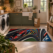 Twin Race Cars Oval Circuit Area Rug styled in a modern laundry room