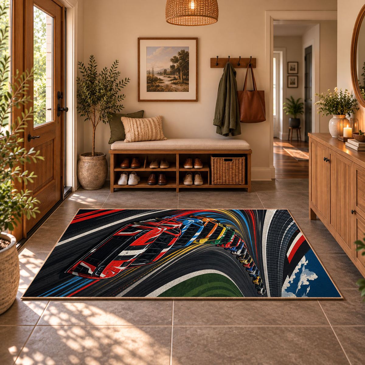 Twin Race Cars Oval Circuit Area Rug styled in a welcoming entryway