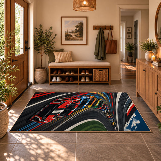 Twin Race Cars Oval Circuit Area Rug styled in a welcoming entryway