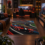 Twin Race Cars Oval Circuit Area Rug styled in a gaming room