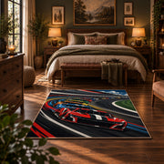 Twin Race Cars Oval Circuit Area Rug styled in a bedroom corner