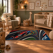 Twin Race Cars Oval Circuit Area Rug styled in a nursery room