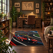 Twin Race Cars Oval Circuit Area Rug styled in a home office