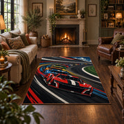 Twin Race Cars Oval Circuit Area Rug styled in a living room