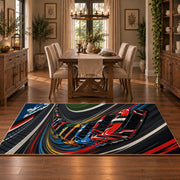 Twin Race Cars Oval Circuit Area Rug styled in a dining room