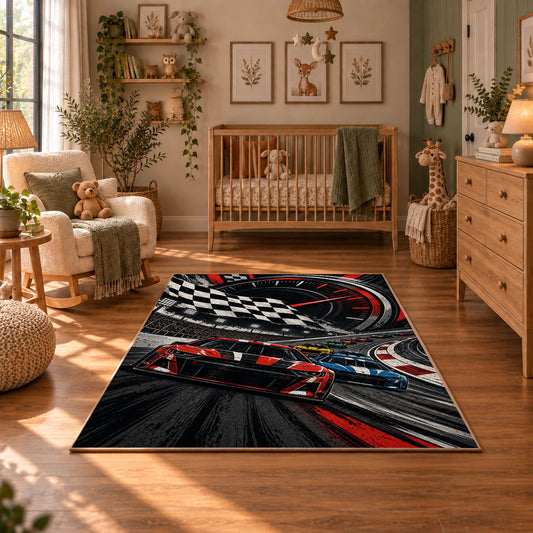 Red Stock Car Checkered Motion Area Rug styled in a cozy nursery