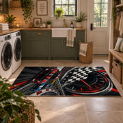 Red Stock Car Checkered Motion Area Rug styled in a modern laundry room