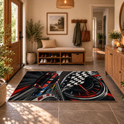 Red Stock Car Checkered Motion Area Rug styled in a welcoming entryway