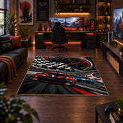 Red Stock Car Checkered Motion Area Rug styled in a gaming room