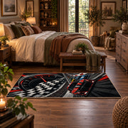 Red Stock Car Checkered Motion Area Rug styled in a main bedroom