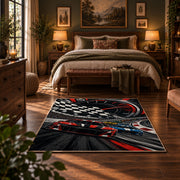 Red Stock Car Checkered Motion Area Rug styled in a bedroom corner