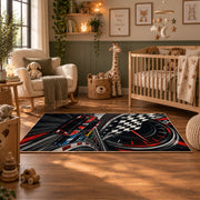 Red Stock Car Checkered Motion Area Rug styled in a nursery room