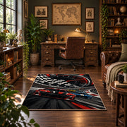 Red Stock Car Checkered Motion Area Rug styled in a home office