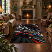 Red Stock Car Checkered Motion Area Rug styled in a living room