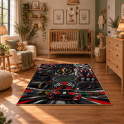 Motorsport Wheels and Racer Collage Area Rug styled in a cozy nursery