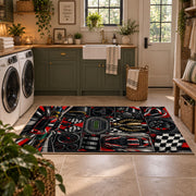 Motorsport Wheels and Racer Collage Area Rug styled in a modern laundry room
