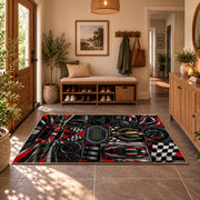 Motorsport Wheels and Racer Collage Area Rug styled in a welcoming entryway