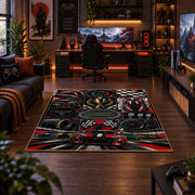 Motorsport Wheels and Racer Collage Area Rug styled in a gaming room