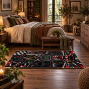 Motorsport Wheels and Racer Collage Area Rug styled in a main bedroom