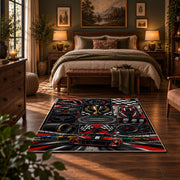 Motorsport Wheels and Racer Collage Area Rug styled in a bedroom corner