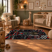 Motorsport Wheels and Racer Collage Area Rug styled in a nursery room