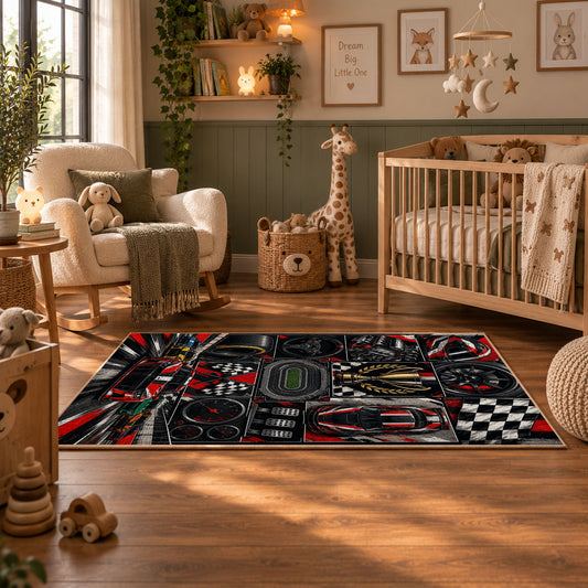 Motorsport Wheels and Racer Collage Area Rug styled in a nursery room