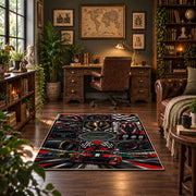 Motorsport Wheels and Racer Collage Area Rug styled in a home office