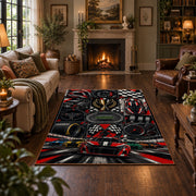 Motorsport Wheels and Racer Collage Area Rug styled in a living room