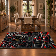 Motorsport Wheels and Racer Collage Area Rug styled in a dining room