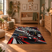 Racing Wheel Checkered Flag Area Rug styled in a cozy nursery