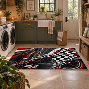 Racing Wheel Checkered Flag Area Rug styled in a modern laundry room