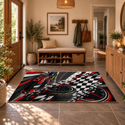 Racing Wheel Checkered Flag Area Rug styled in a welcoming entryway