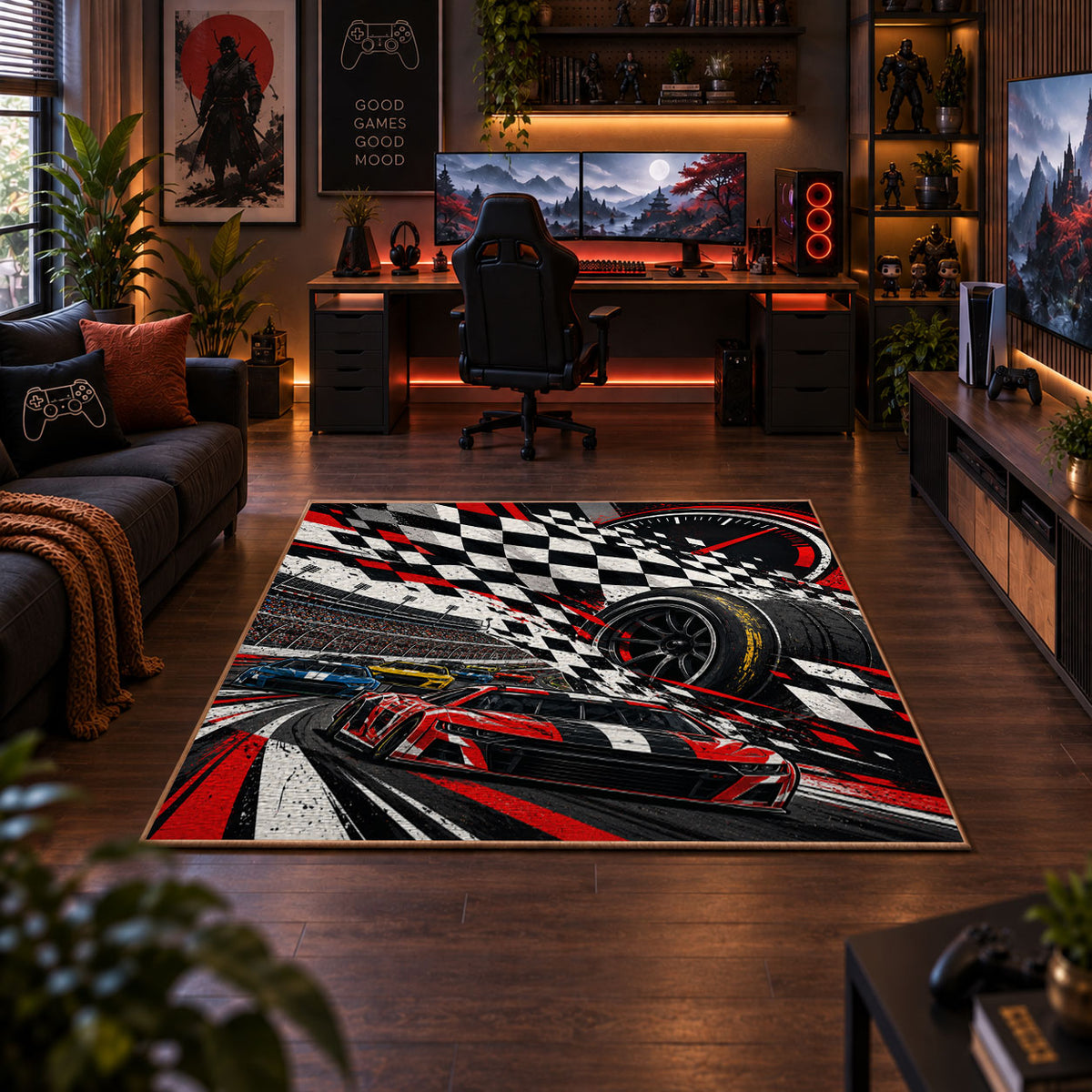 Racing Wheel Checkered Flag Area Rug styled in a gaming room