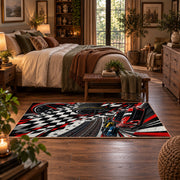 Racing Wheel Checkered Flag Area Rug styled in a main bedroom