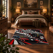 Racing Wheel Checkered Flag Area Rug styled in a bedroom corner
