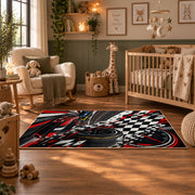 Racing Wheel Checkered Flag Area Rug styled in a nursery room