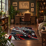 Racing Wheel Checkered Flag Area Rug styled in a home office