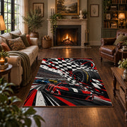 Racing Wheel Checkered Flag Area Rug styled in a living room