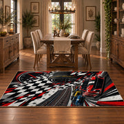 Racing Wheel Checkered Flag Area Rug styled in a dining room