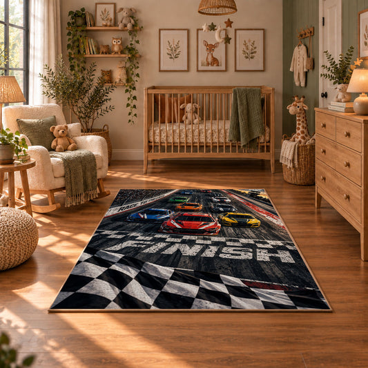 Race Car Checkered Grid Area Rug styled in a cozy nursery