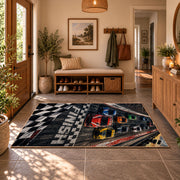 Race Car Checkered Grid Area Rug styled in a welcoming entryway