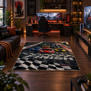 Race Car Checkered Grid Area Rug styled in a gaming room