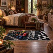 Race Car Checkered Grid Area Rug styled in a main bedroom