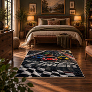 Race Car Checkered Grid Area Rug styled in a bedroom corner