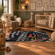 Race Car Checkered Grid Area Rug styled in a nursery room