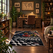 Race Car Checkered Grid Area Rug styled in a home office