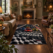 Race Car Checkered Grid Area Rug styled in a living room